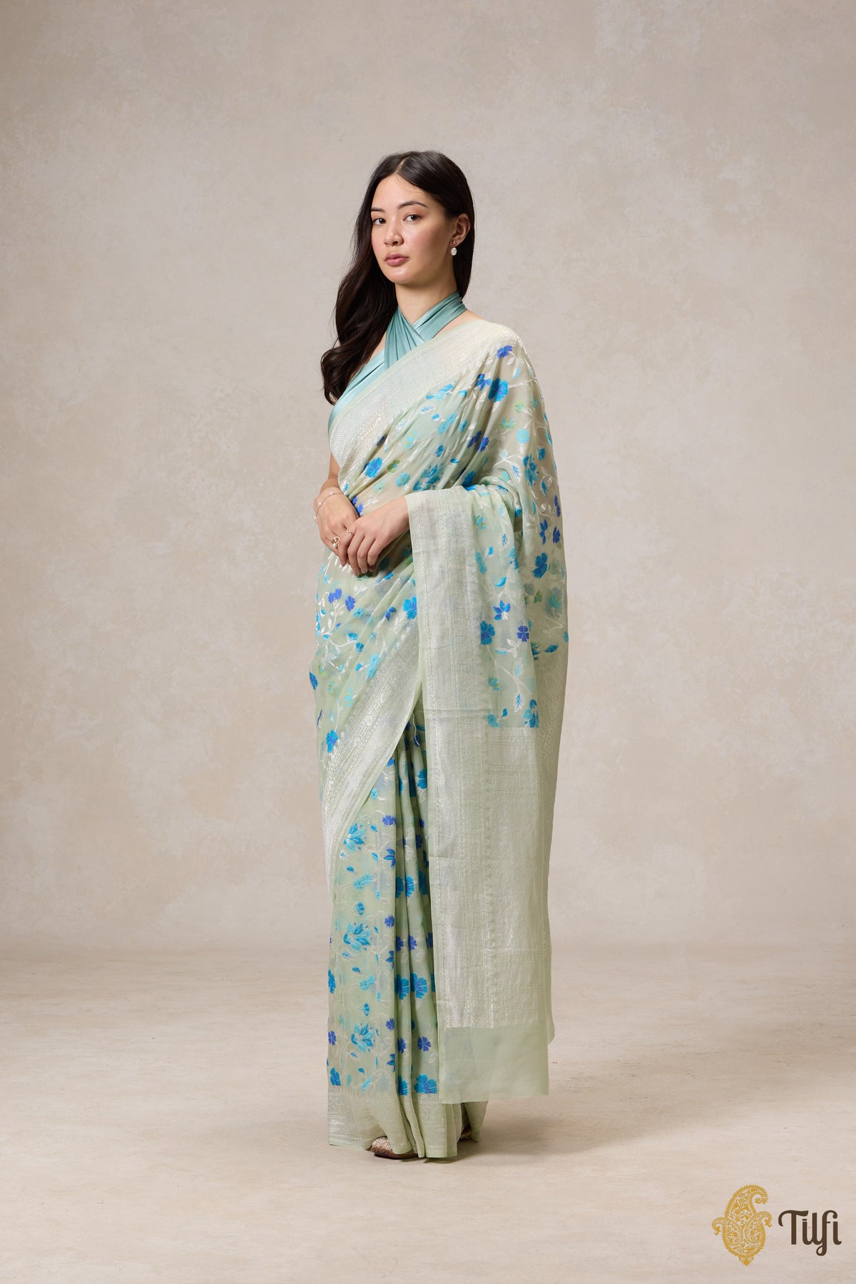 Pre-Order: Mint Green Pure Khaddi Georgette Banarasi Handloom Saree