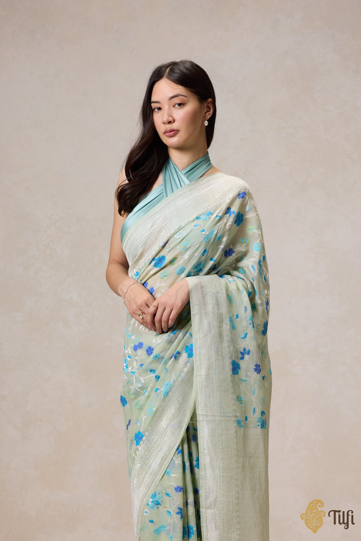 Pre-Order: Mint Green Pure Khaddi Georgette Banarasi Handloom Saree