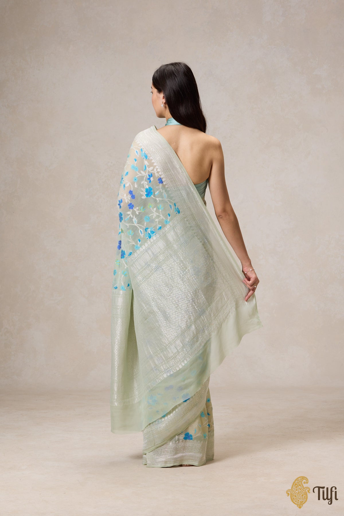 Pre-Order: Mint Green Pure Khaddi Georgette Banarasi Handloom Saree