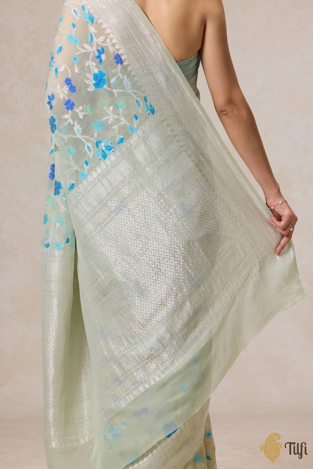 Pre-Order: Mint Green Pure Khaddi Georgette Banarasi Handloom Saree