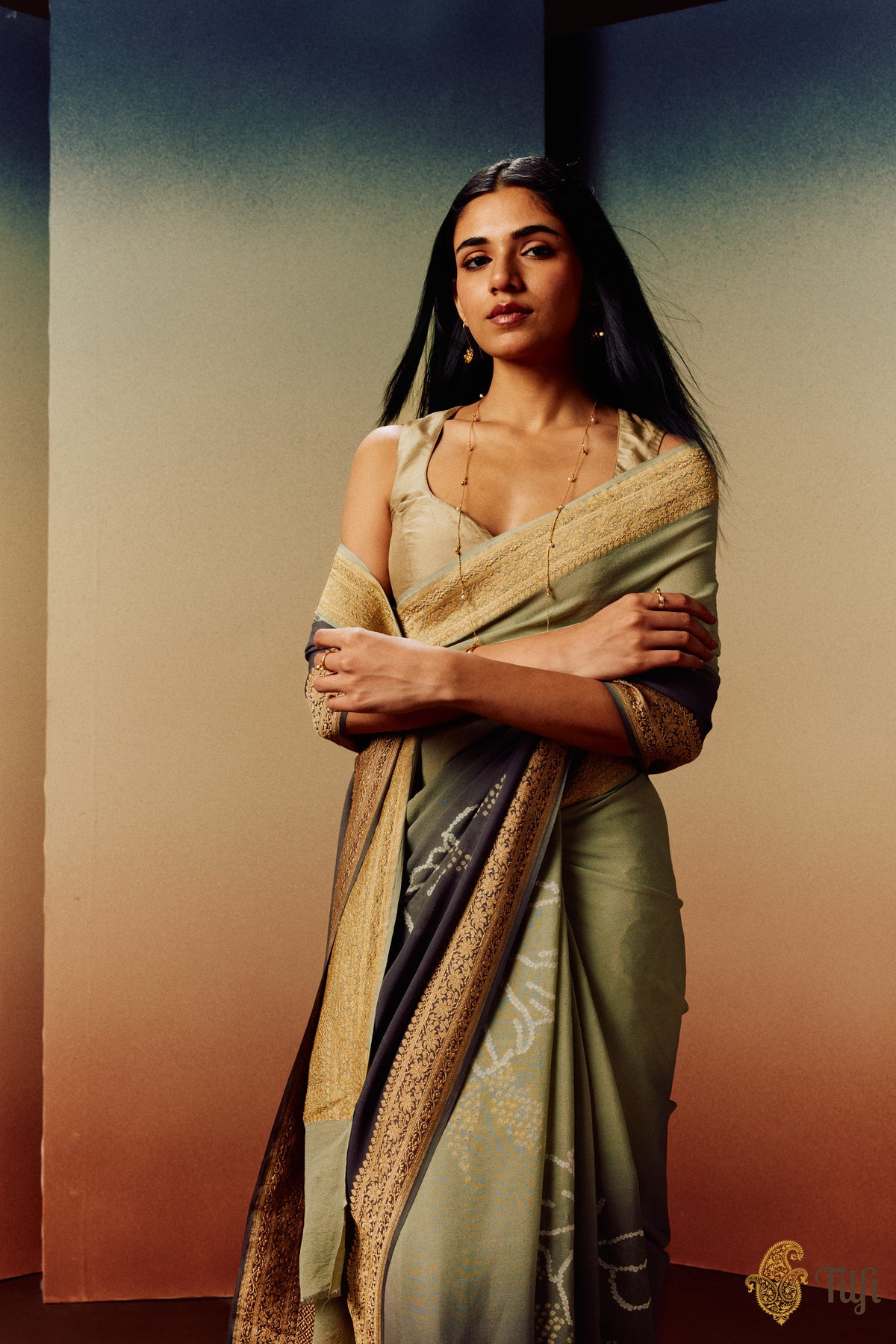 &#39;Hibiscus&#39; Light Sage Green-Grey Pure Georgette Banarasi Bandhani Handloom Saree