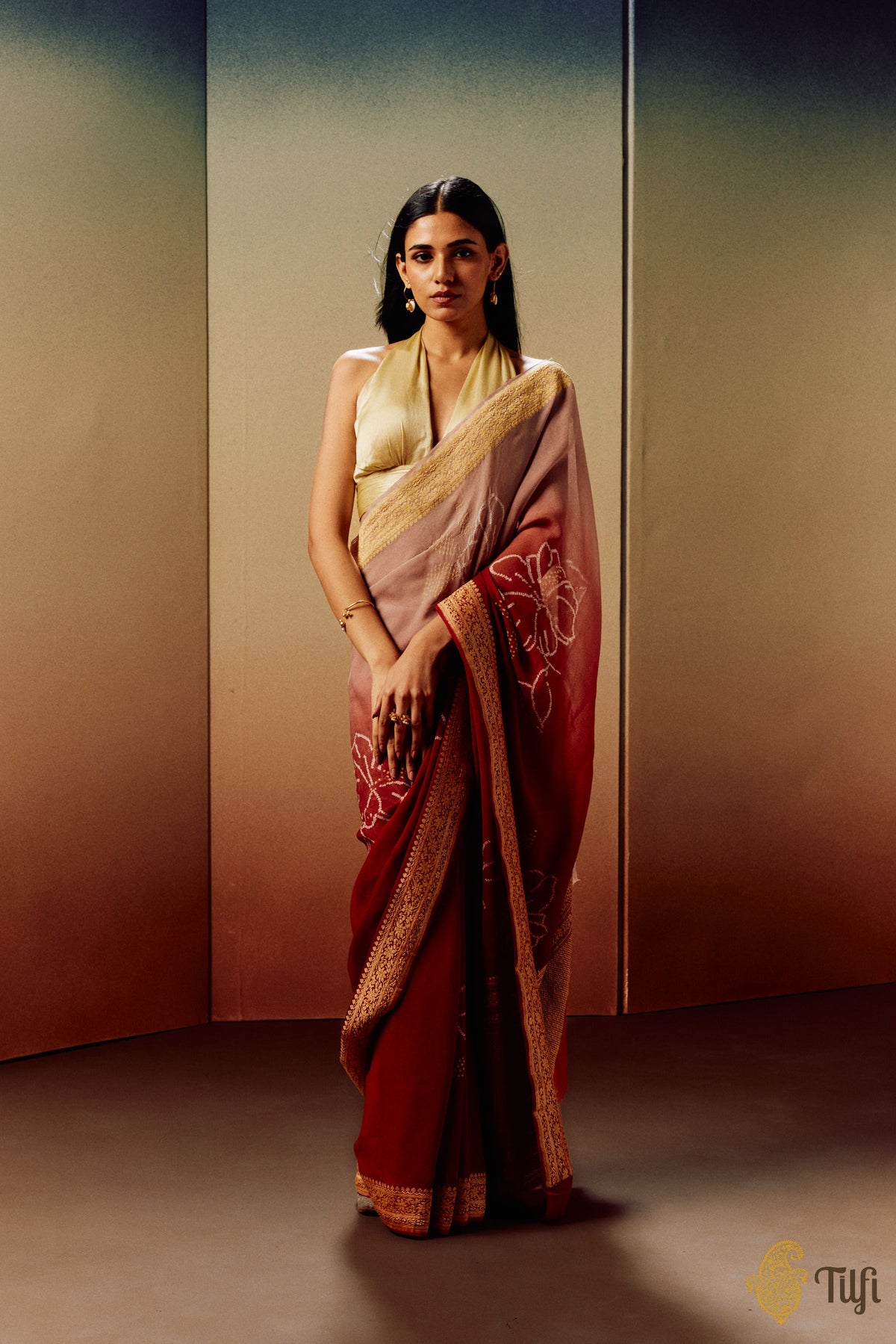 &#39;Hibiscus&#39; Beige-Maroon Pure Georgette Banarasi Bandhani Handloom Saree