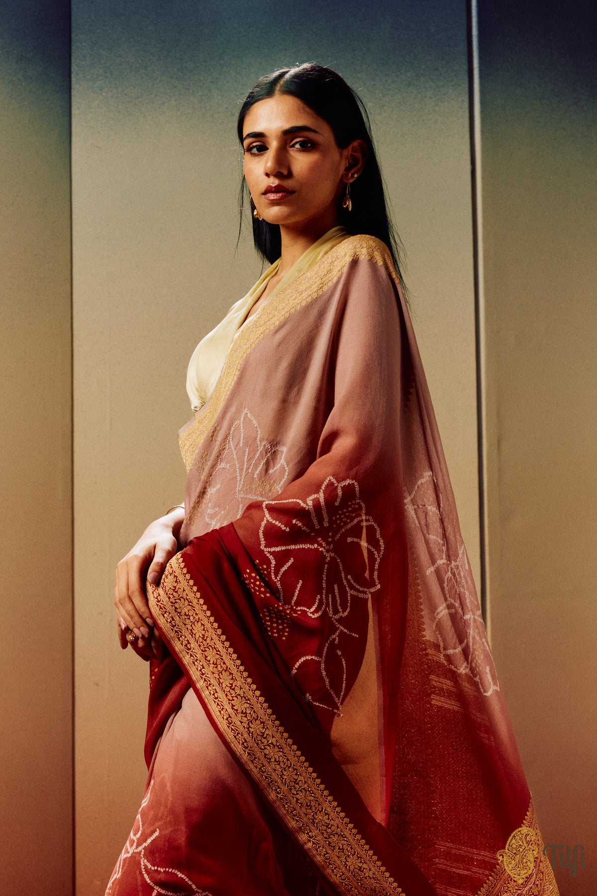 &#39;Hibiscus&#39; Beige-Maroon Pure Georgette Banarasi Bandhani Handloom Saree