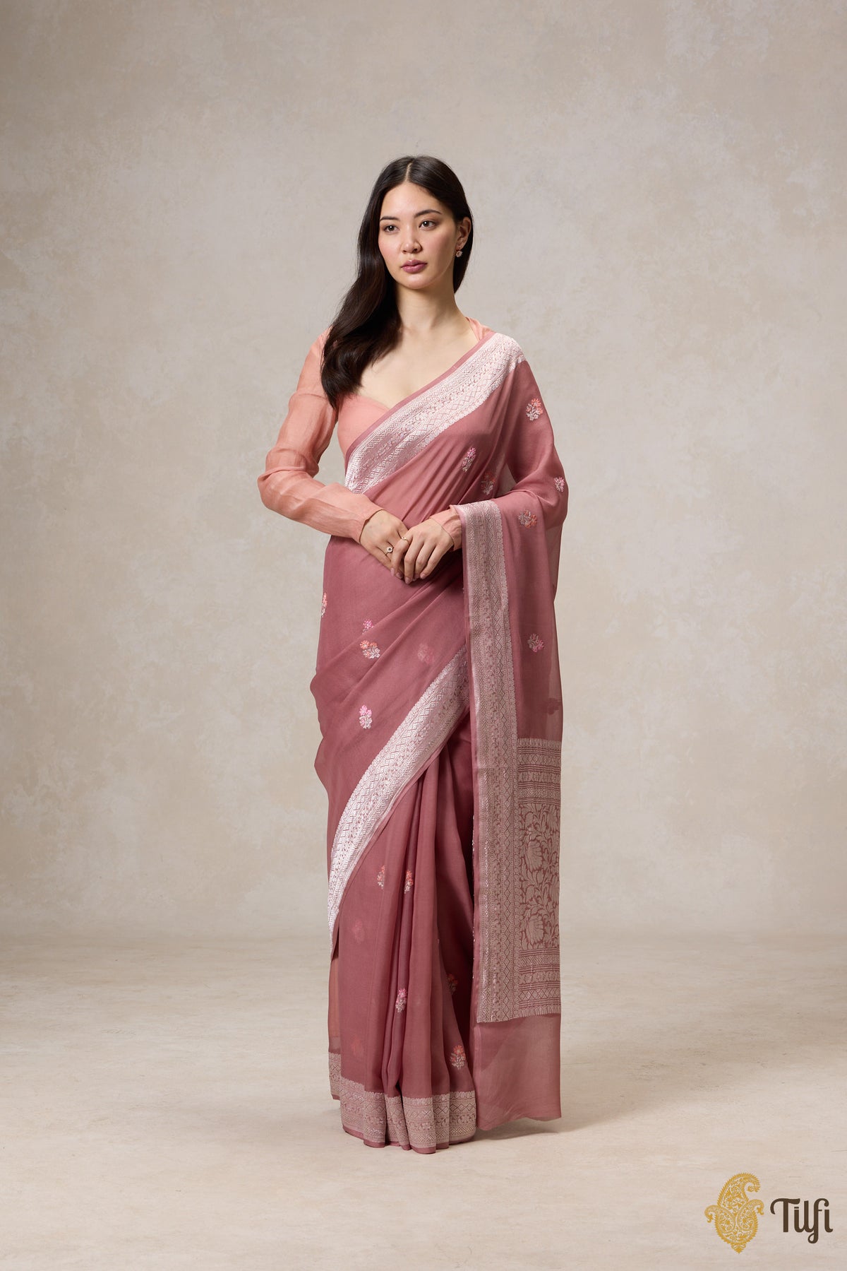 Pre-Order: Rosy Brown Pure Khaddi Georgette Banarasi Handloom Saree