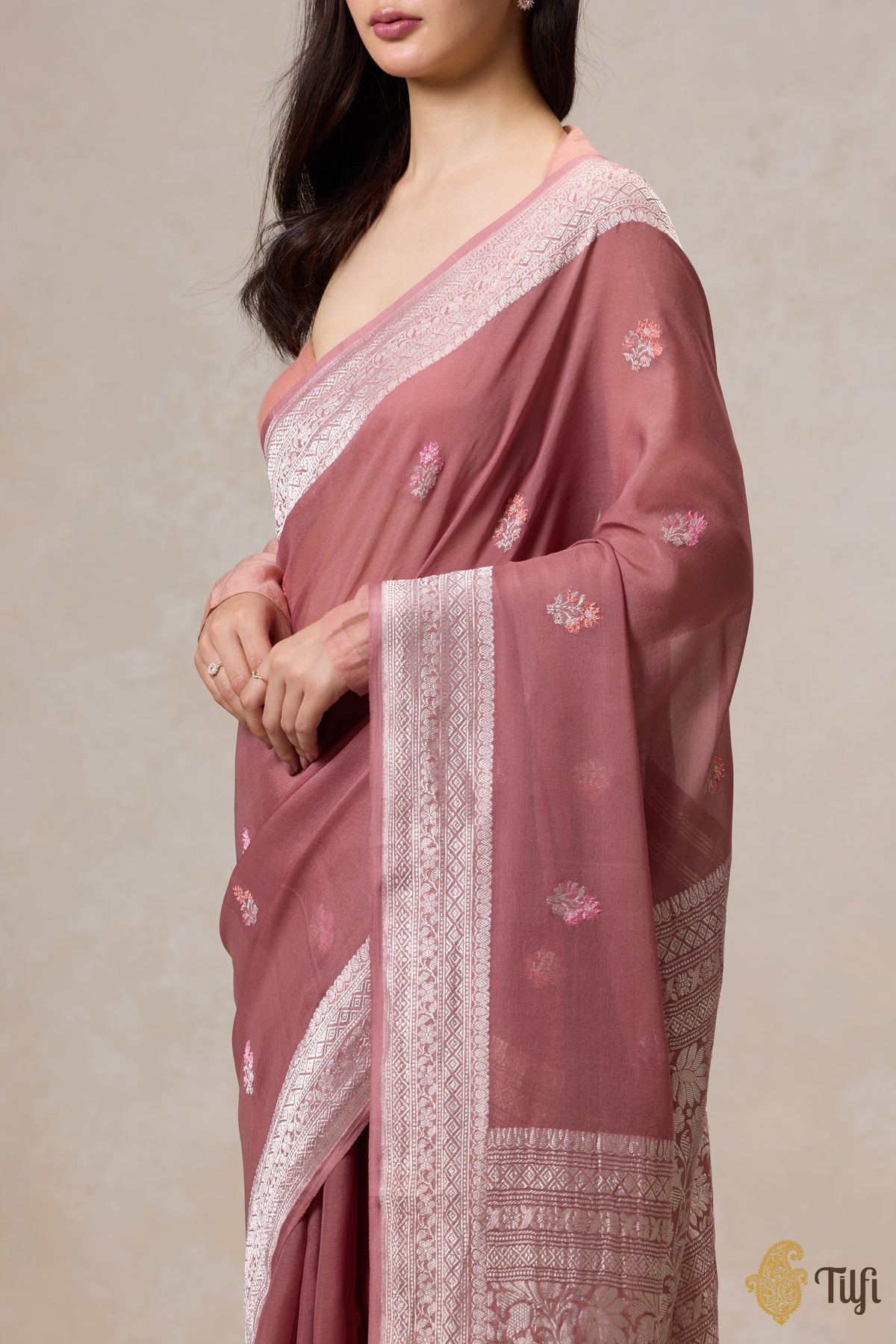 Pre-Order: Rosy Brown Pure Khaddi Georgette Banarasi Handloom Saree