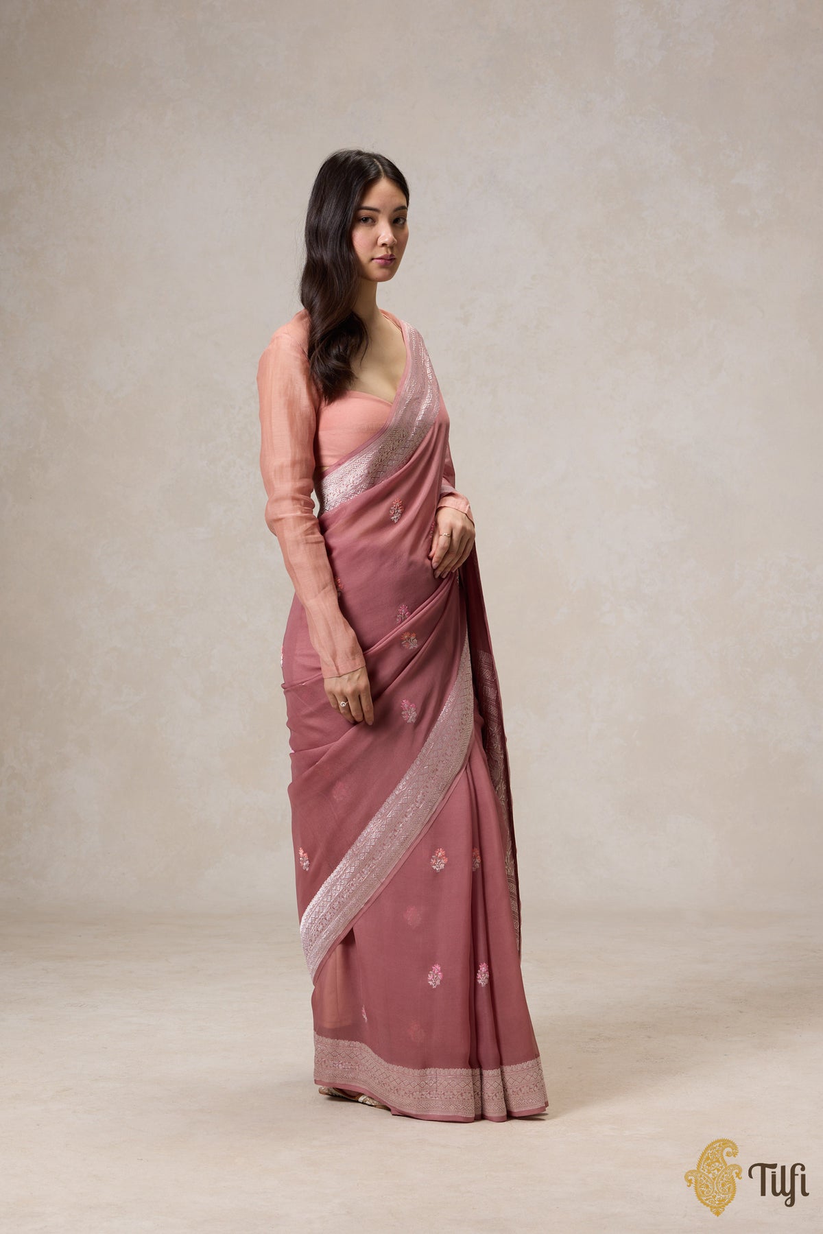 Pre-Order: Rosy Brown Pure Khaddi Georgette Banarasi Handloom Saree