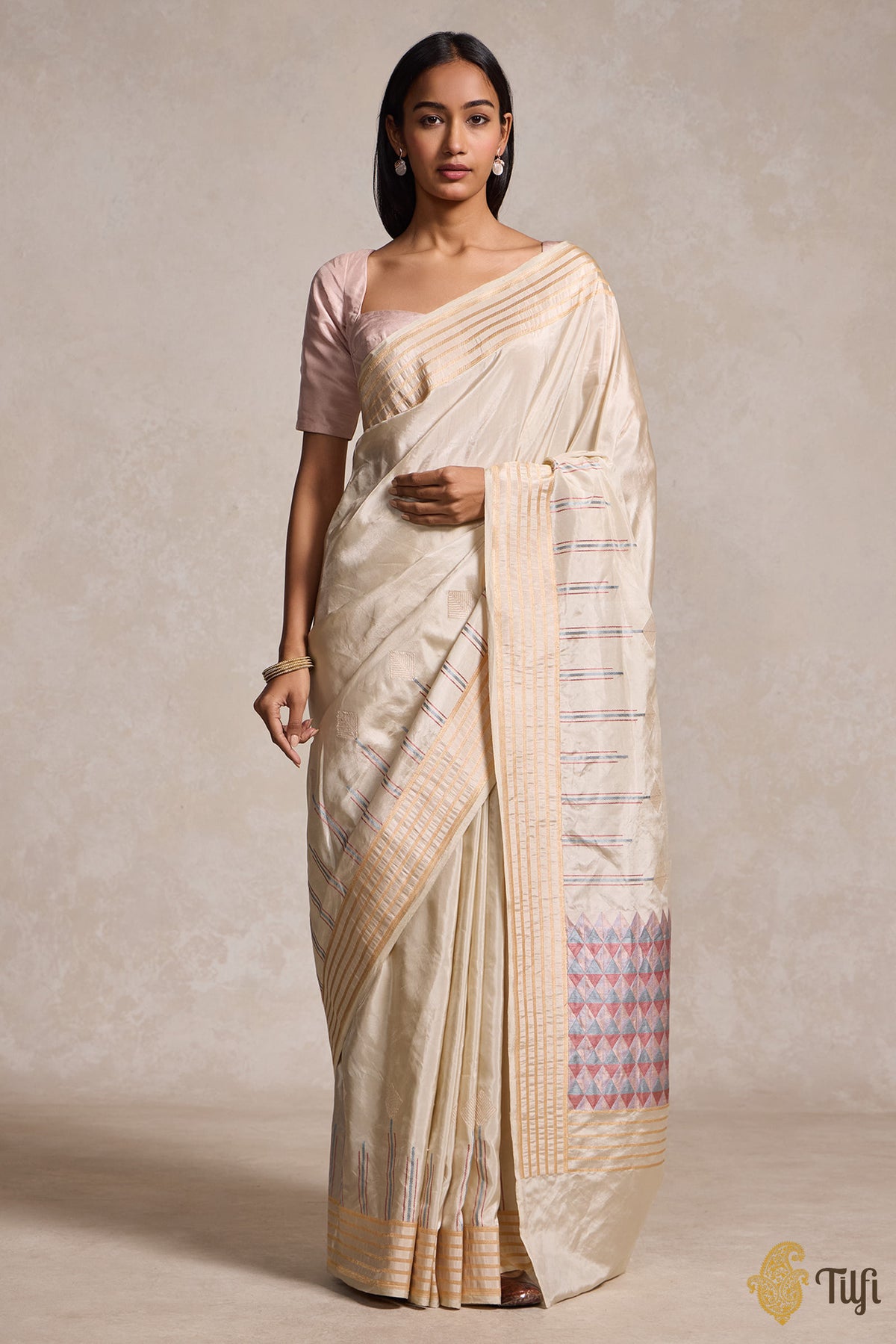 Off-White Pure Katan Silk Tissue Banarasi Handloom Saree