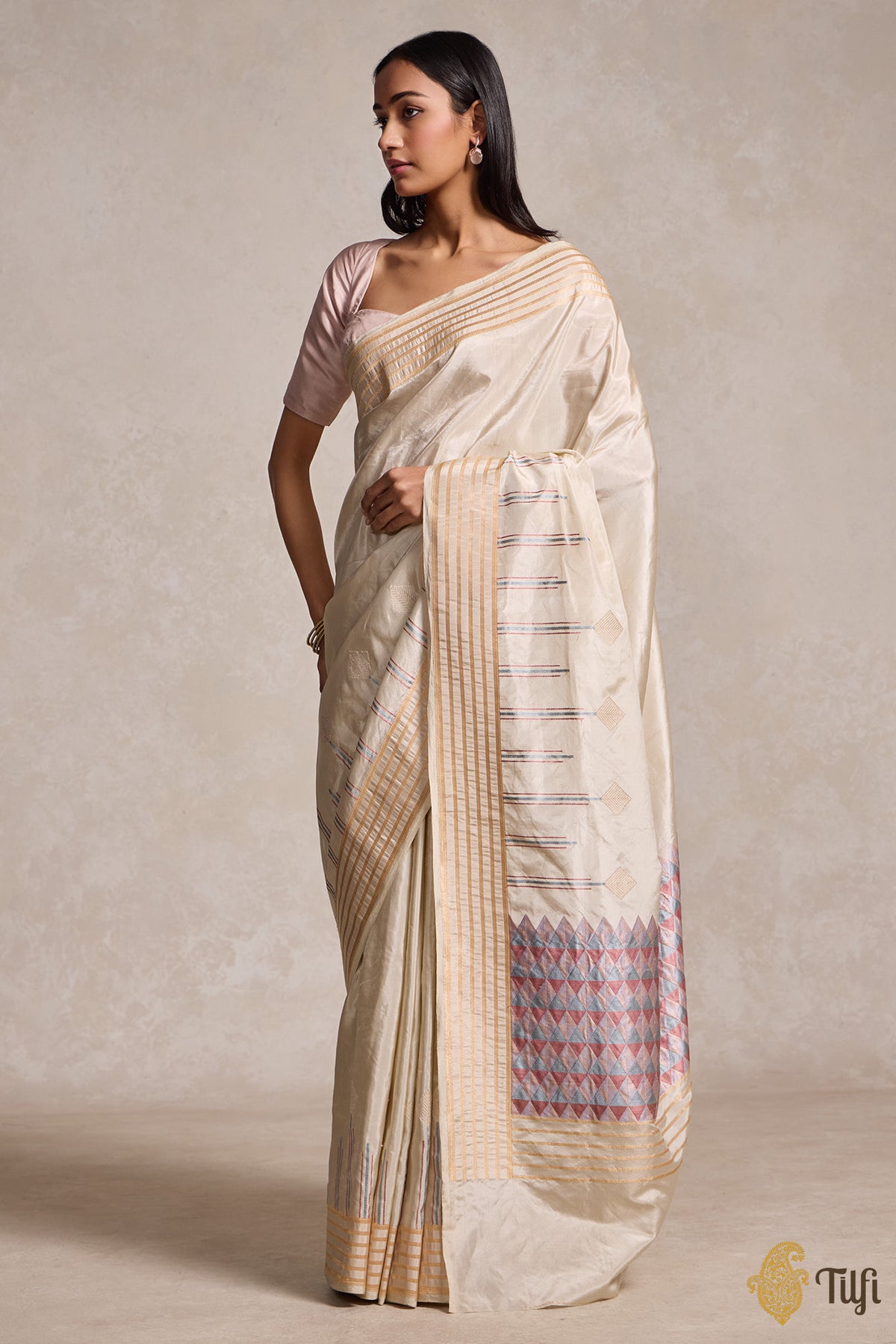 Off-White Pure Katan Silk Tissue Banarasi Handloom Saree