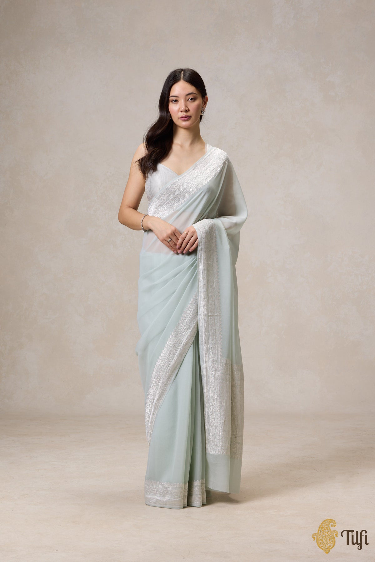 Pre-Order: Pastel Sage Pure Khaddi Georgette Banarasi Handloom Saree