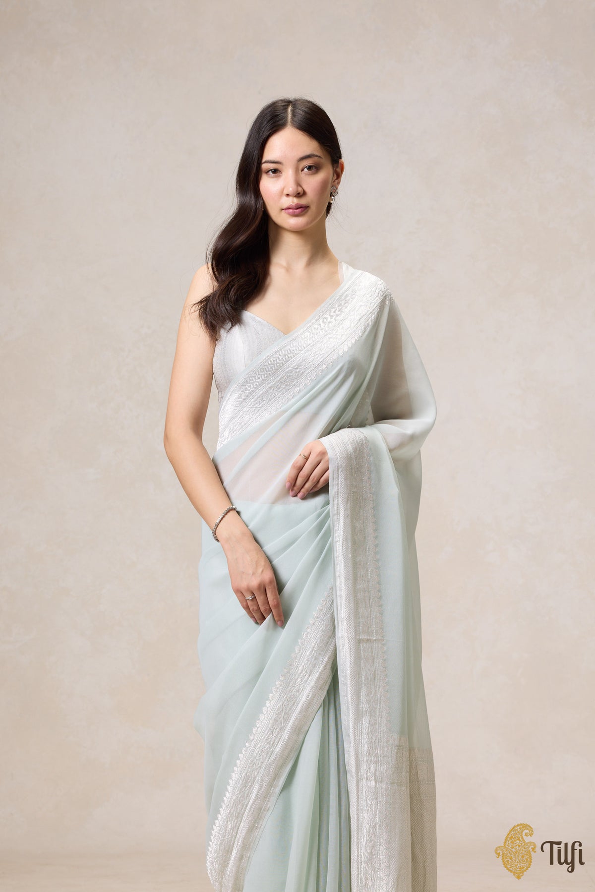 Pre-Order: Pastel Sage Pure Khaddi Georgette Banarasi Handloom Saree