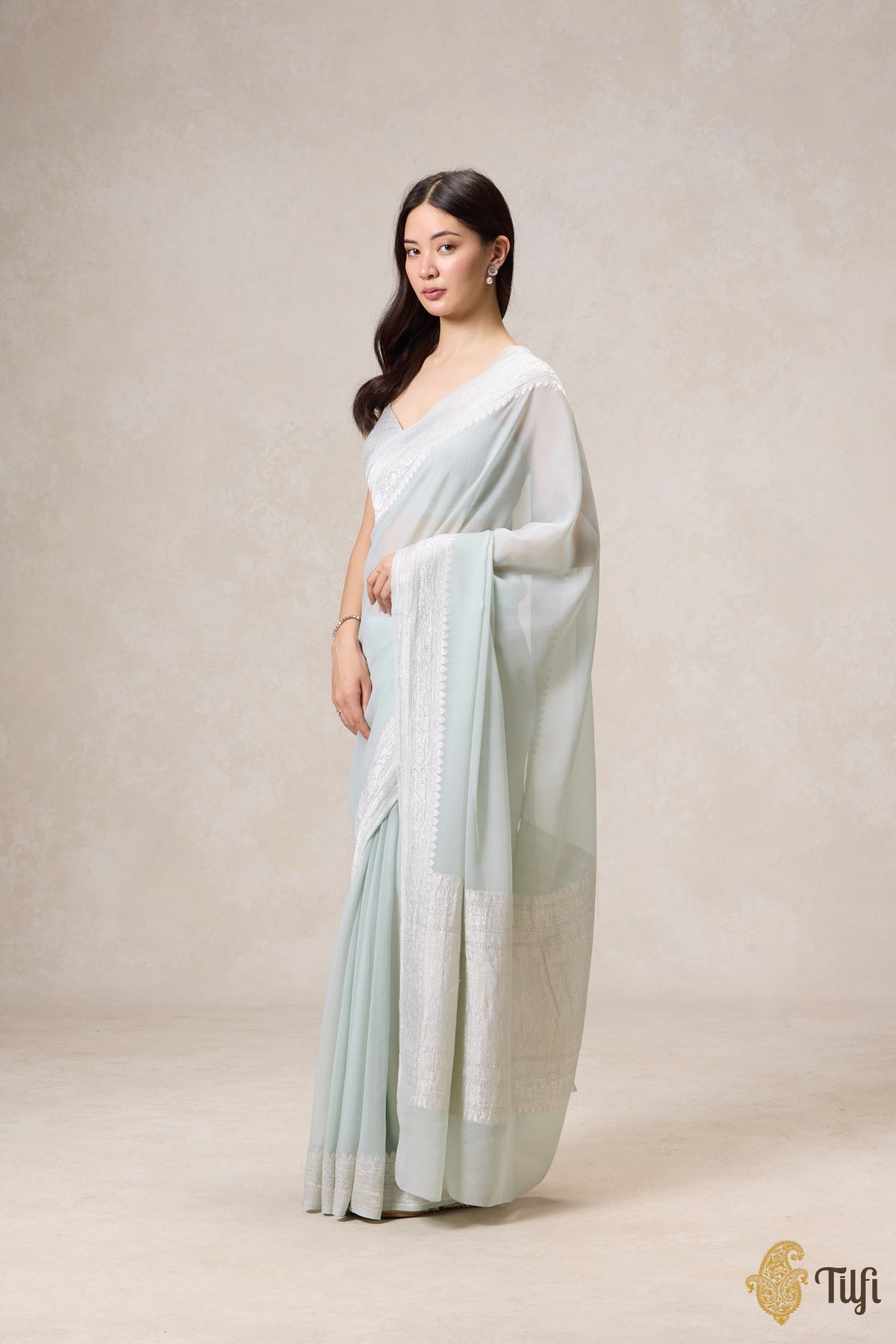 Pre-Order: Pastel Sage Pure Khaddi Georgette Banarasi Handloom Saree