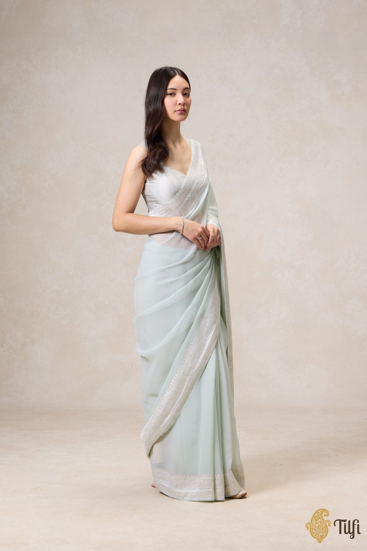 Pre-Order: Pastel Sage Pure Khaddi Georgette Banarasi Handloom Saree