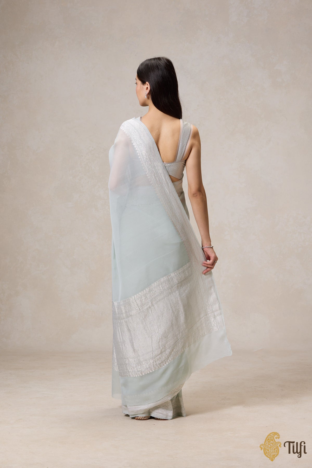 Pre-Order: Pastel Sage Pure Khaddi Georgette Banarasi Handloom Saree