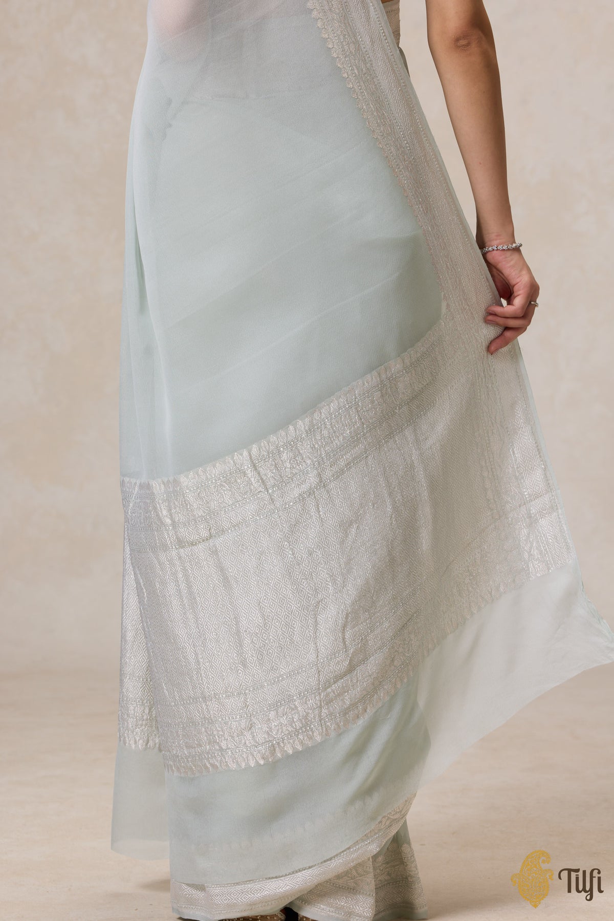 Pre-Order: Pastel Sage Pure Khaddi Georgette Banarasi Handloom Saree