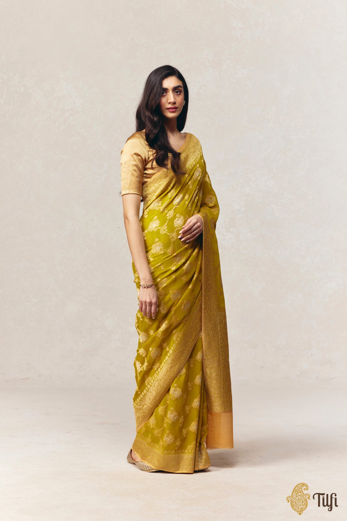 Lime Green Pure Khaddi Georgette Kadwa Roopa Sona Jangla Banarasi Handloom Saree