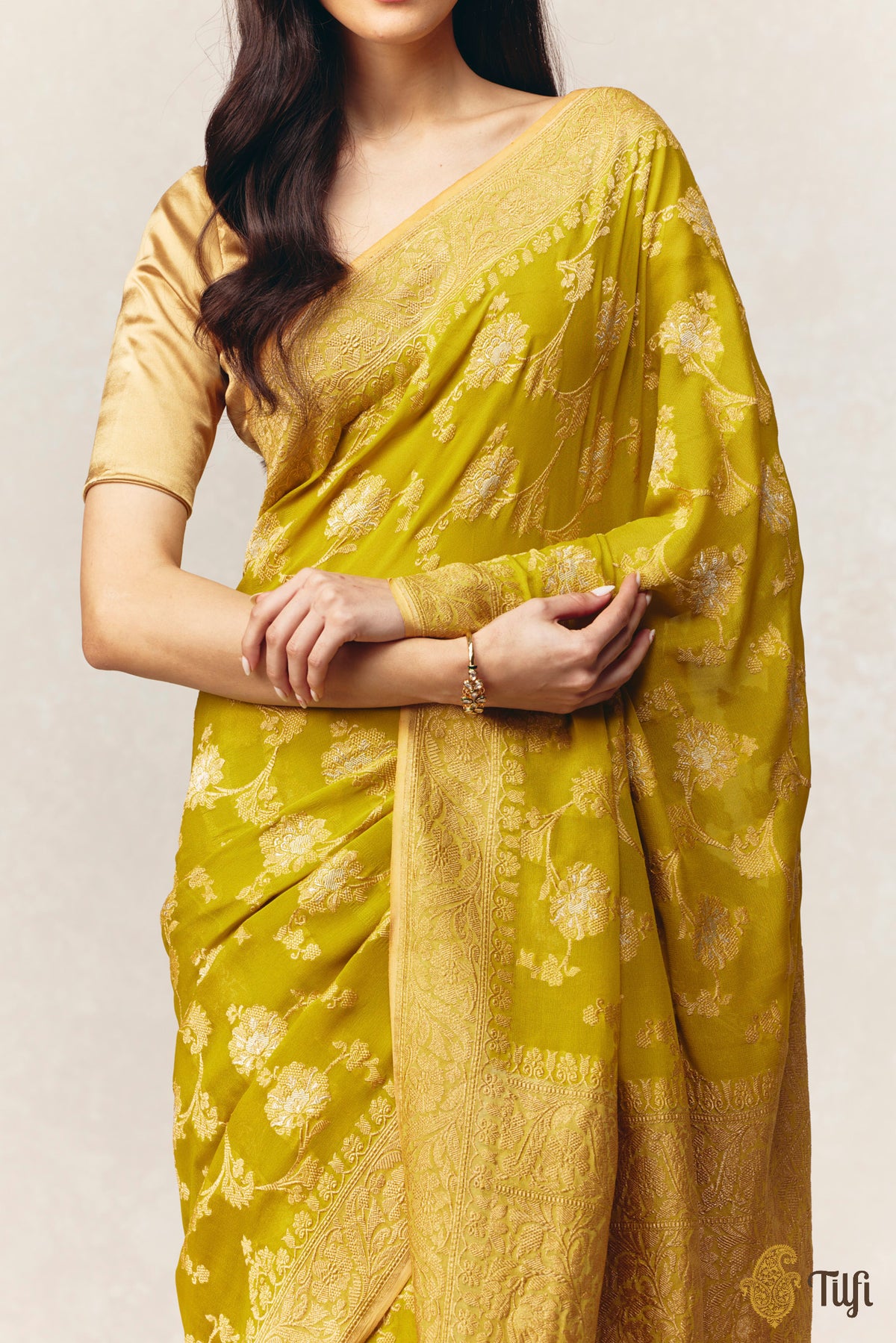 Lime Green Pure Khaddi Georgette Kadwa Roopa Sona Jangla Banarasi Handloom Saree