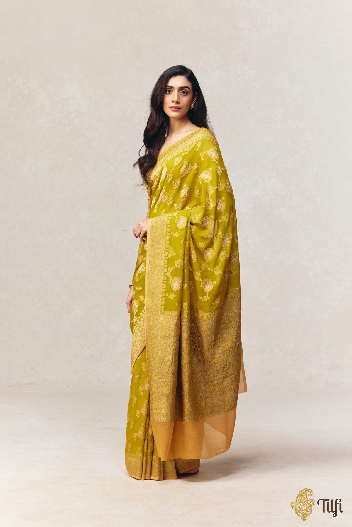 Lime Green Pure Khaddi Georgette Kadwa Roopa Sona Jangla Banarasi Handloom Saree