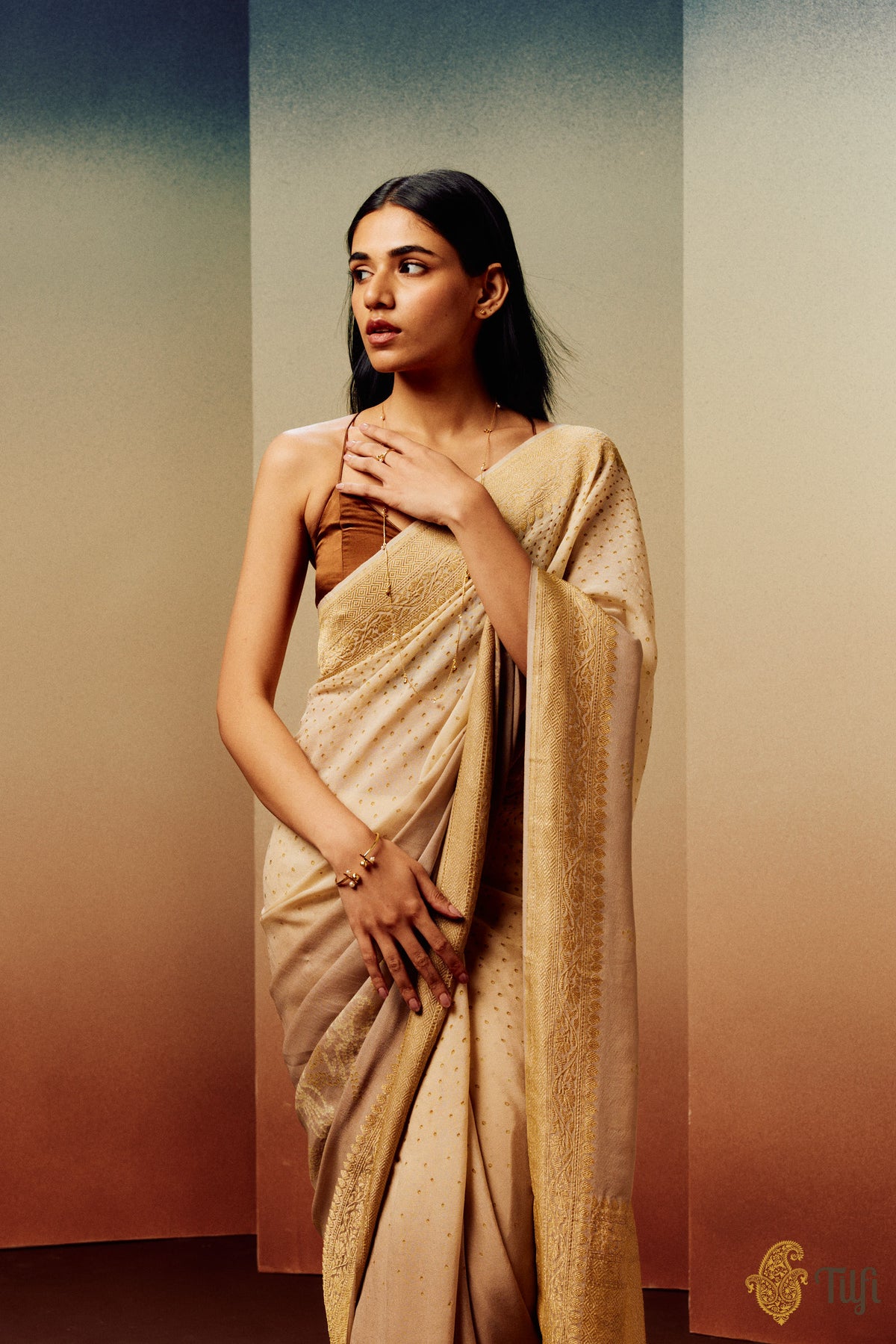 &#39;Lily&#39; Beige Ombre Pure Georgette Banarasi Bandhani Handloom Saree