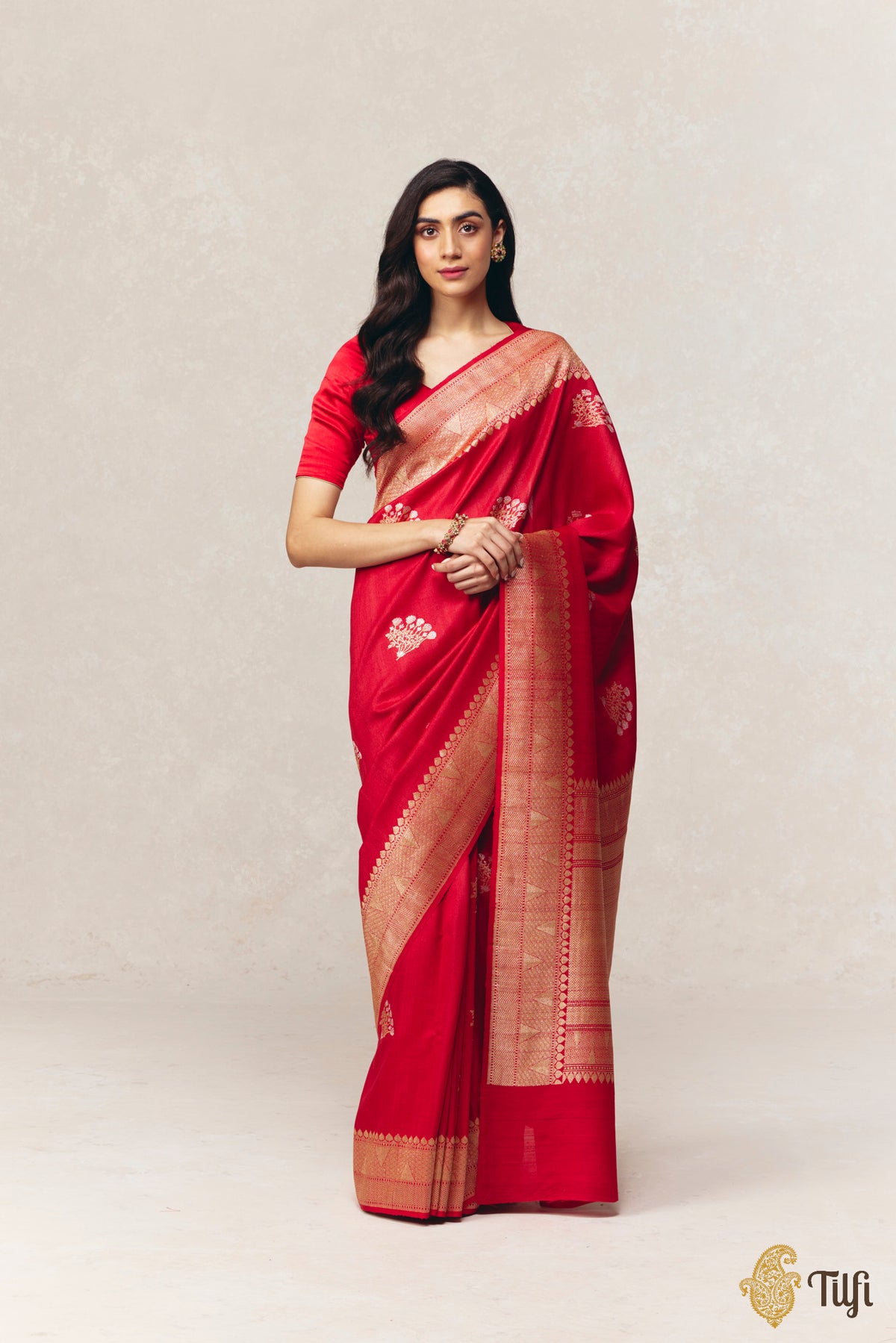 Pre-Order: Red Pure Tussar Georgette Kadwa Roopa Sona Boota Saree