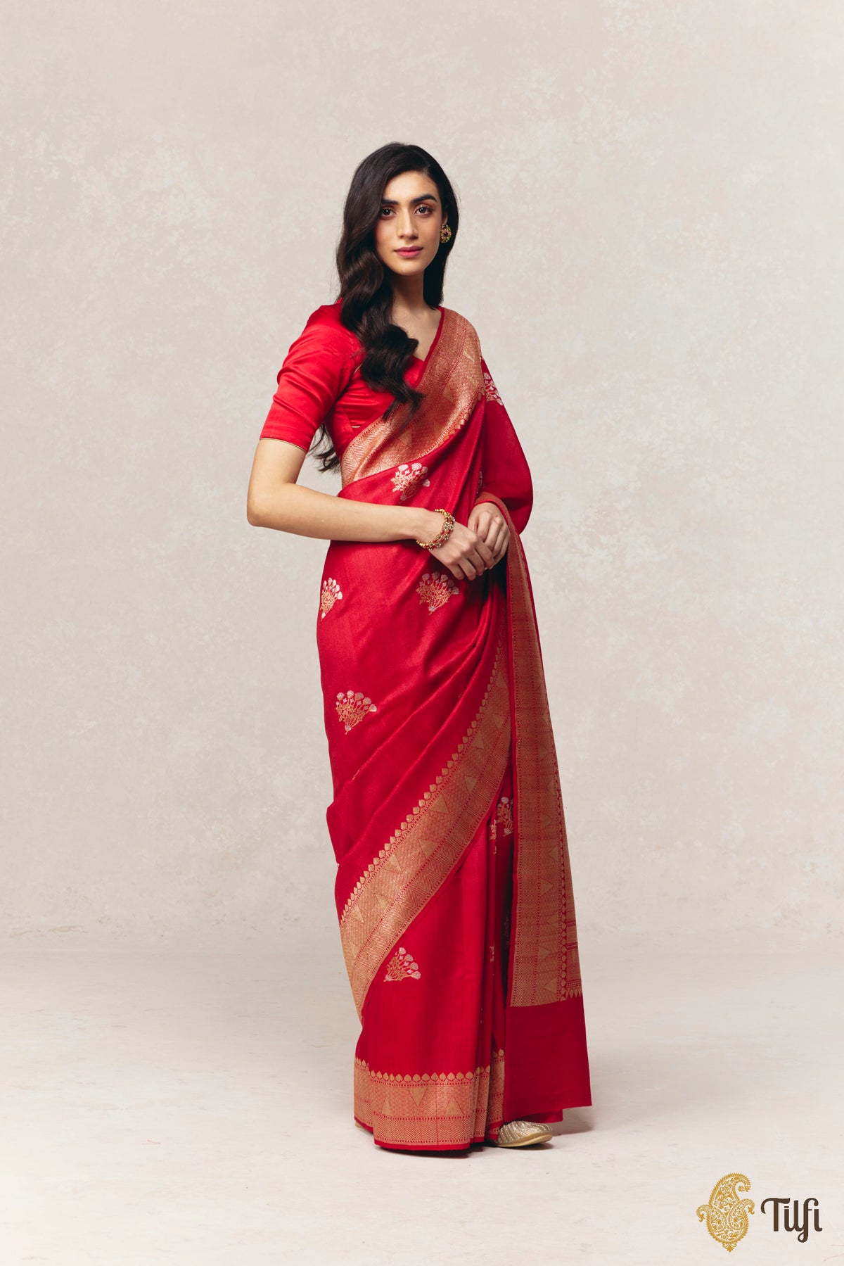 Pre-Order: Red Pure Tussar Georgette Kadwa Roopa Sona Boota Saree