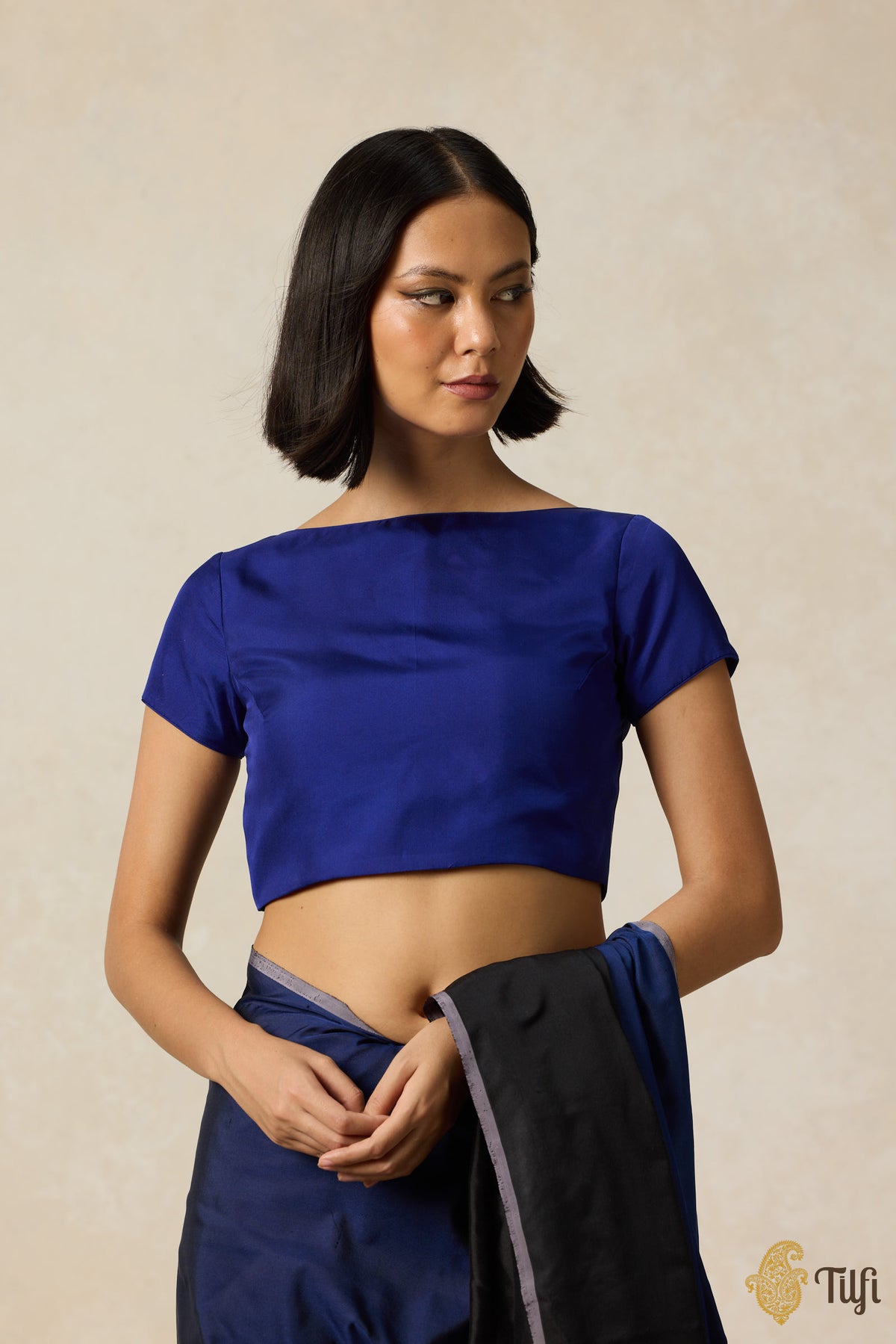 Blue Short-Sleeved Pure Silk Blouse