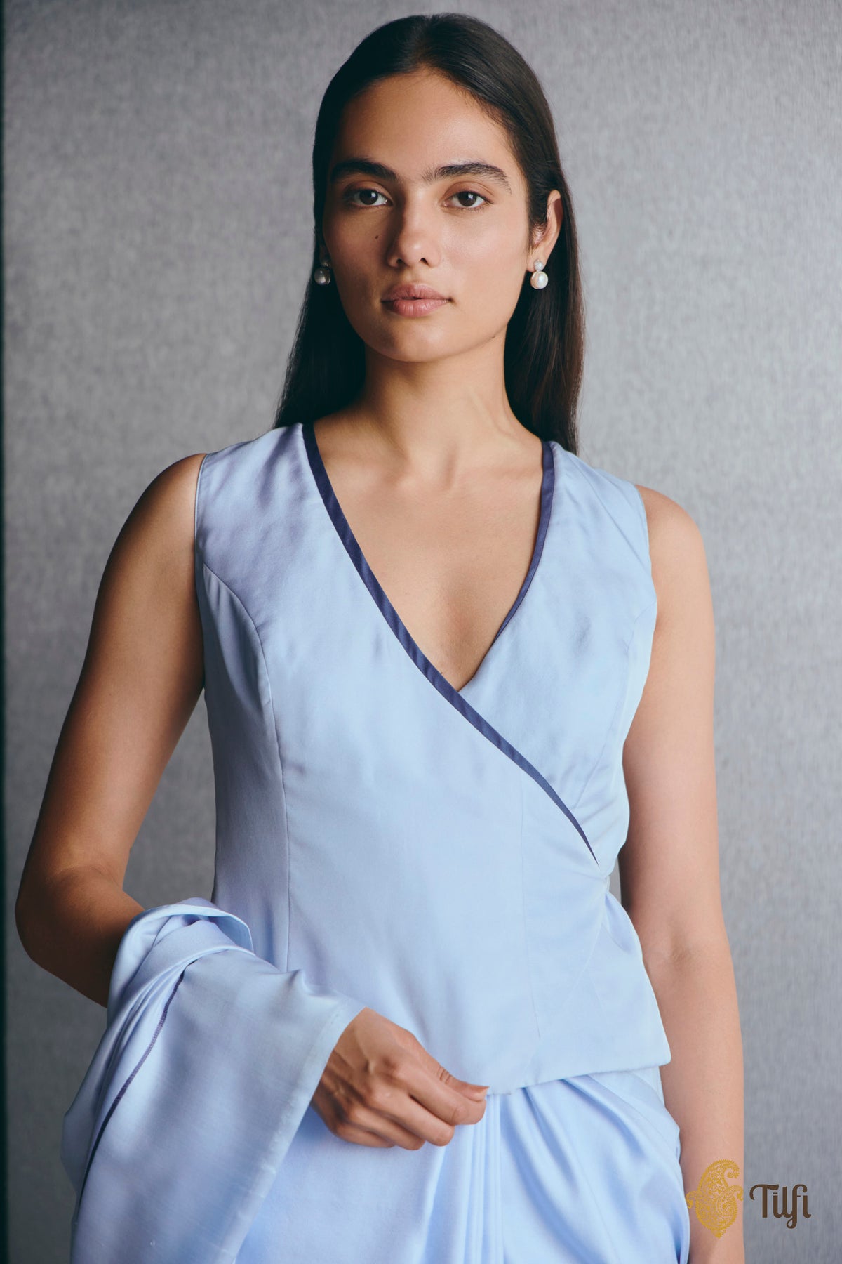 Blue Pure Silk Twill Blouse