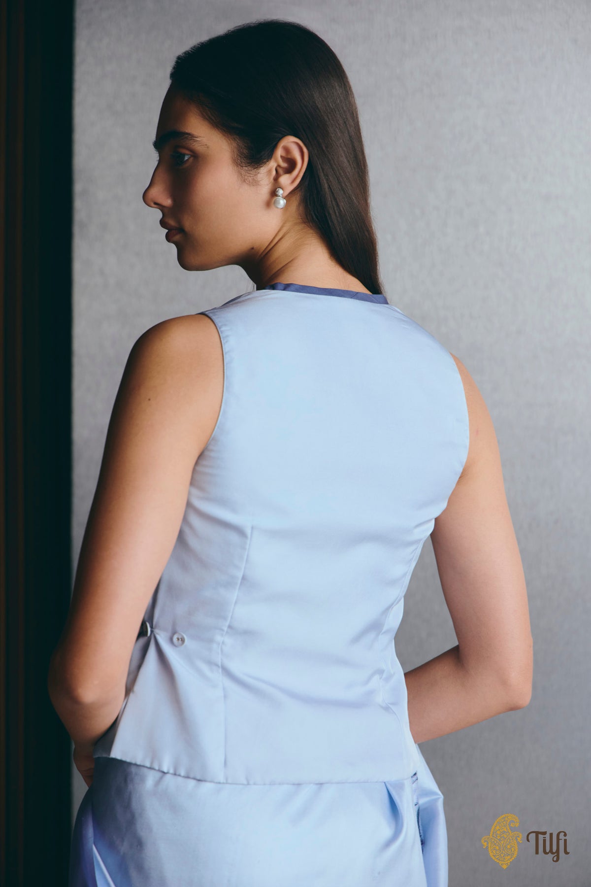 Blue Pure Silk Twill Blouse