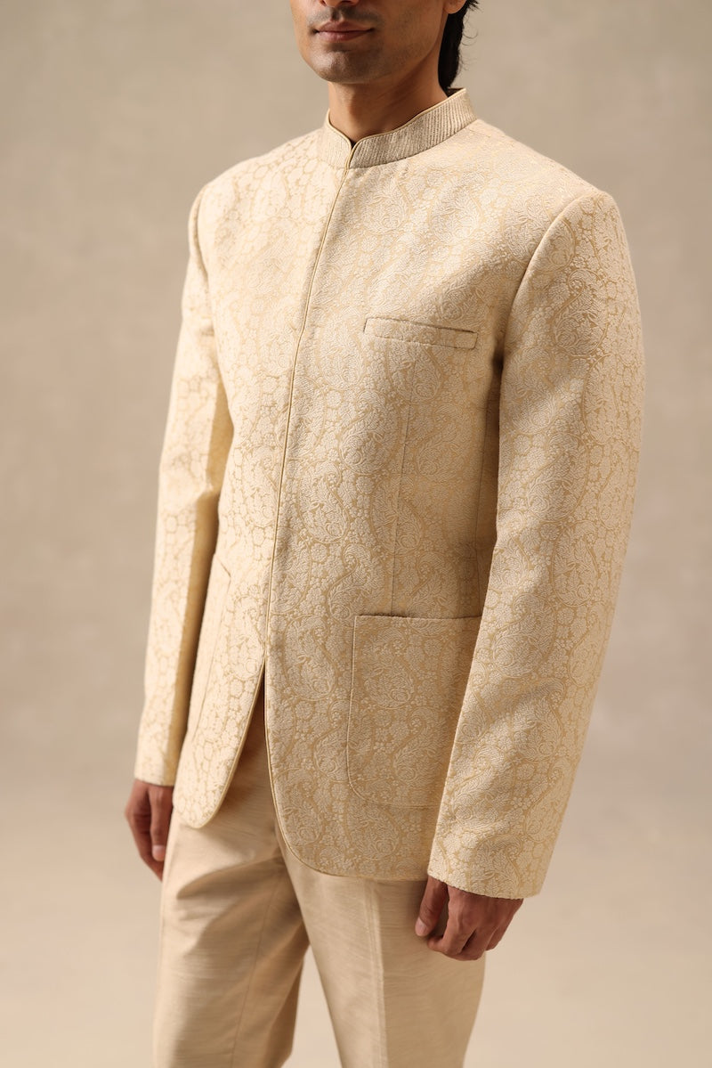 Off-White Pure Handwoven Silk Bandhgala Jacket