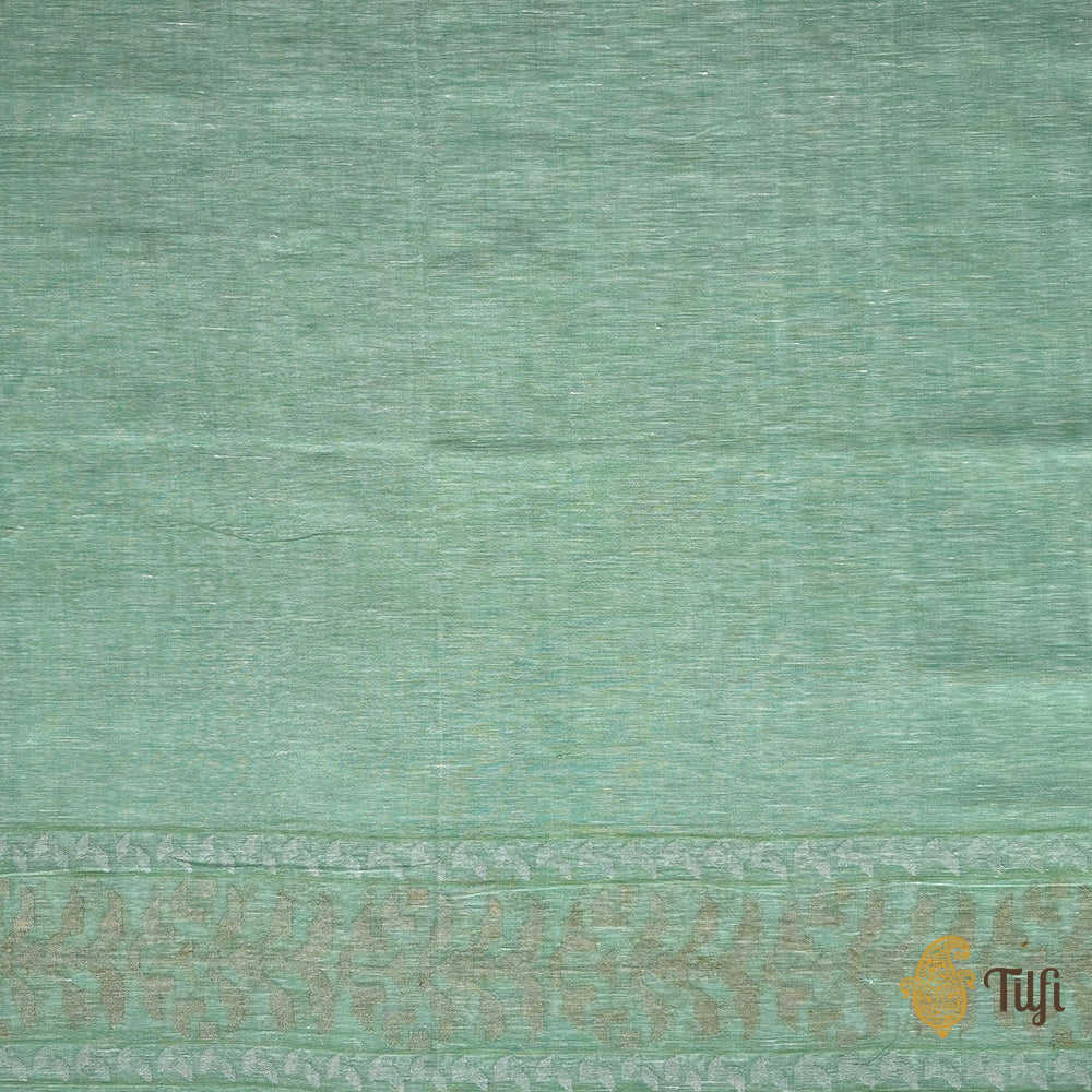 &#39;Niranjana&#39; Mint Green Pure Cotton by Linen Jamdani Real Zari Banarasi Handloom Saree