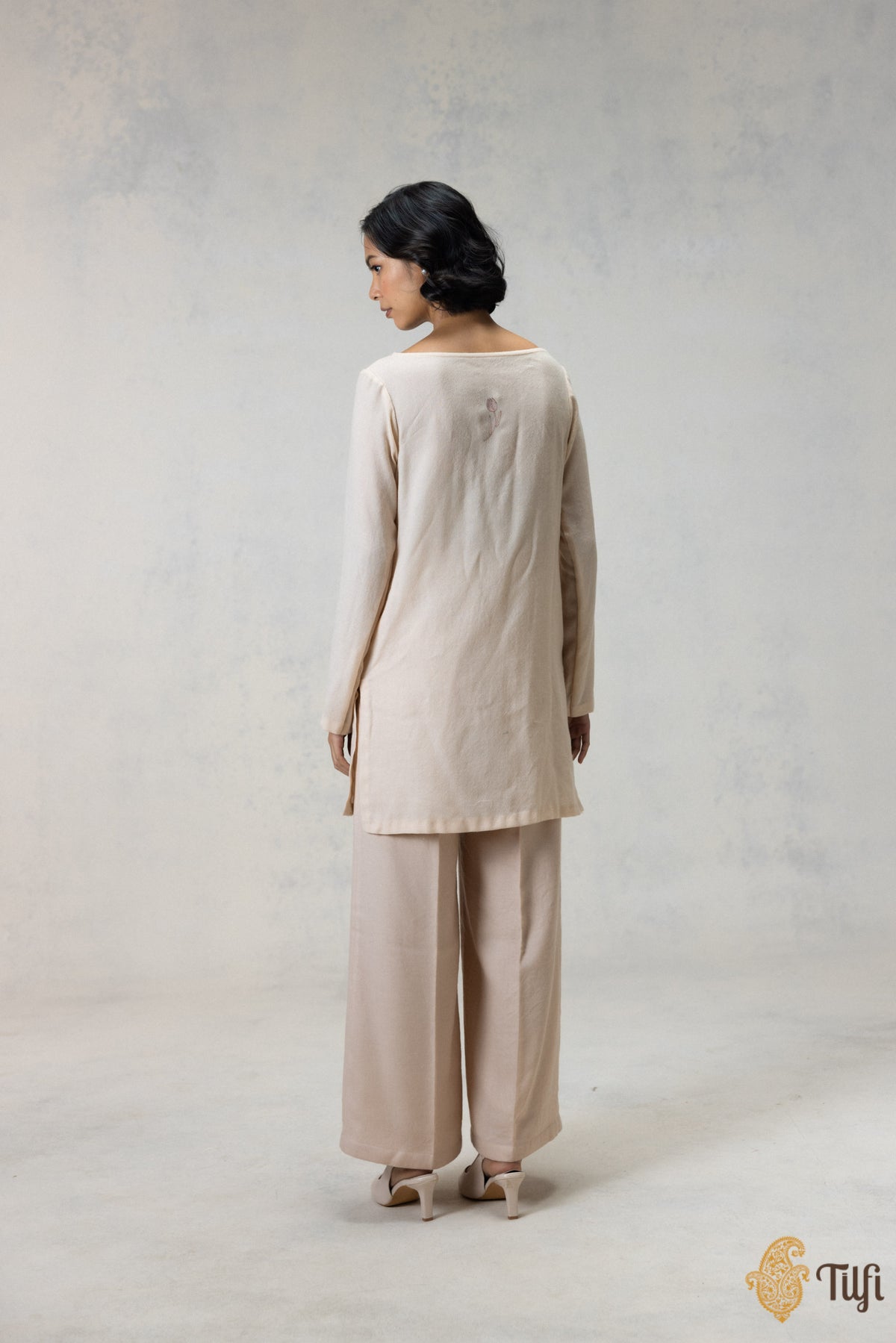 Beige Pure Wool Hand-embroidered Kurti Pants Set