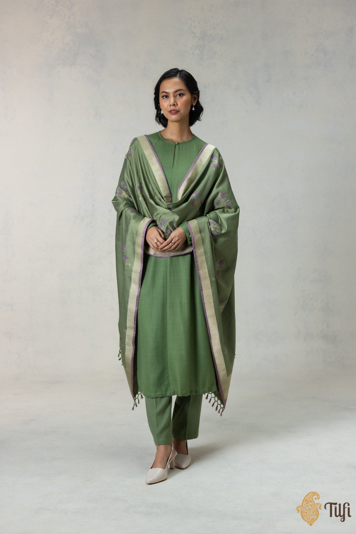 Green Silk-Wool Banarasi Handloom Dupatta