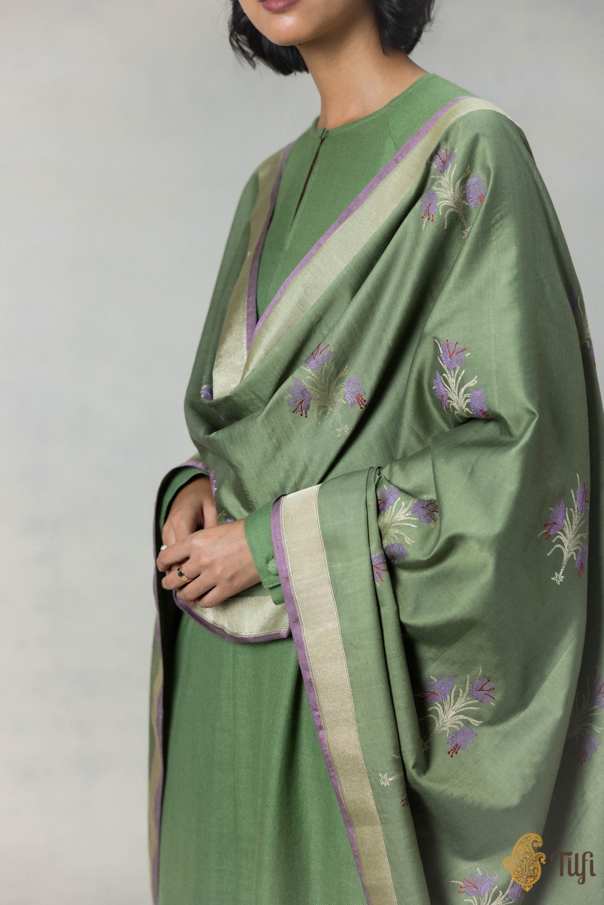 Green Silk-Wool Banarasi Handloom Dupatta