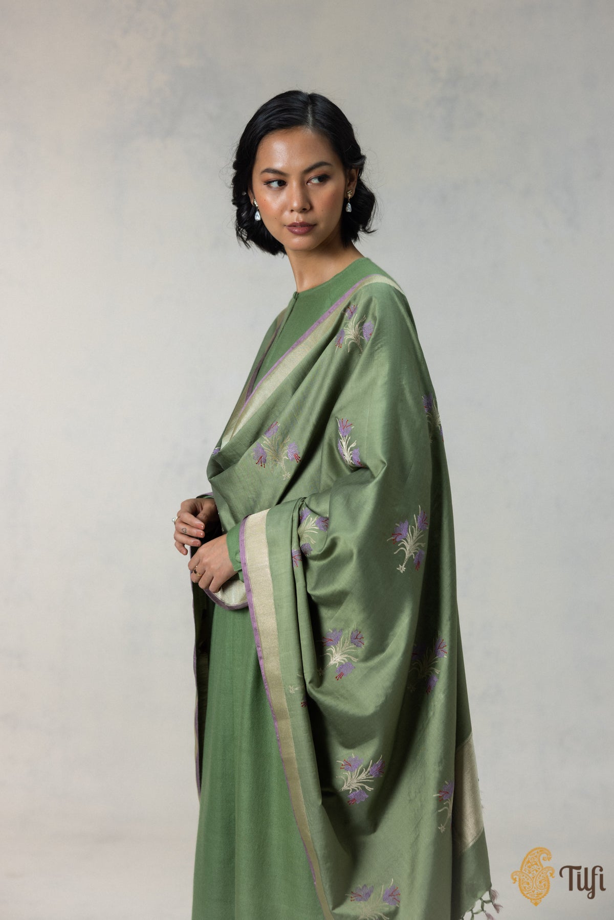 Green Silk-Wool Banarasi Handloom Dupatta