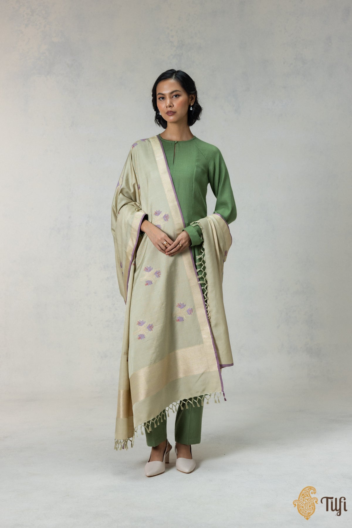 Beige Silk-Wool Banarasi Handloom Dupatta