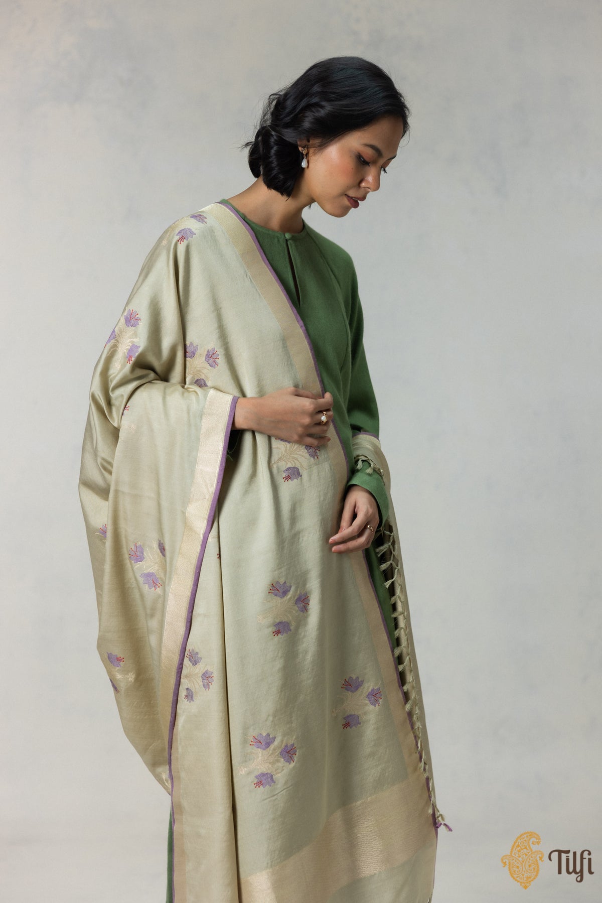 Beige Silk-Wool Banarasi Handloom Dupatta