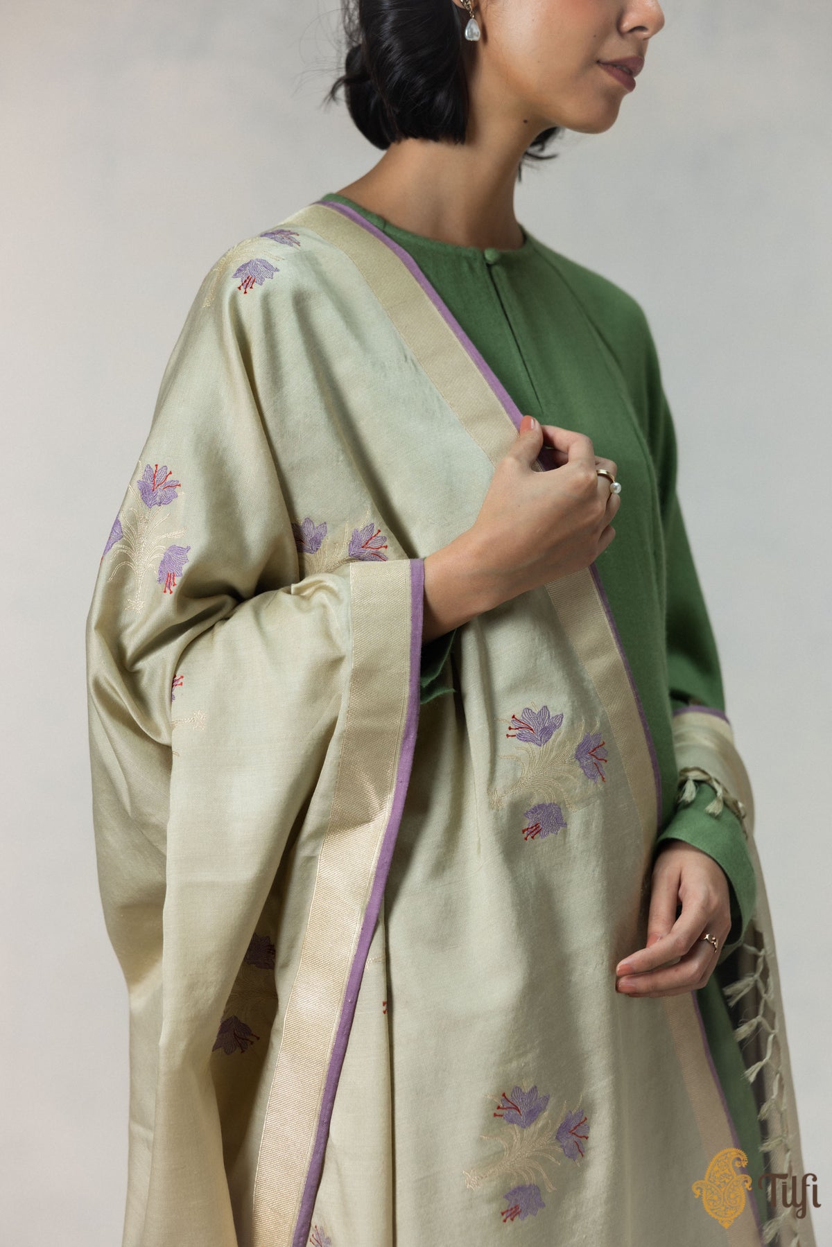 Beige Silk-Wool Banarasi Handloom Dupatta