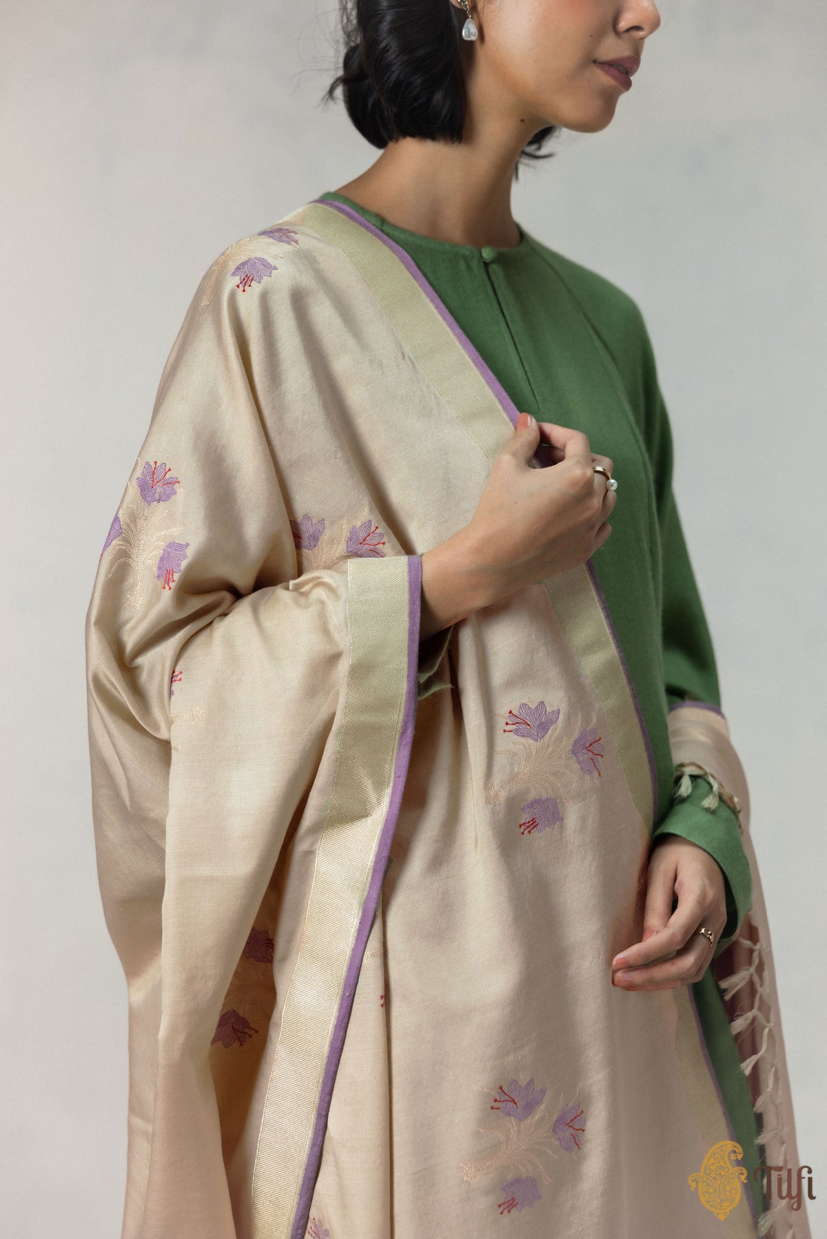 Beige Silk-Wool Banarasi Handloom Dupatta