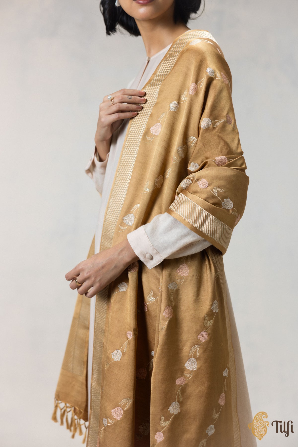 Light Brown Silk-Wool Banarasi Handloom Dupatta