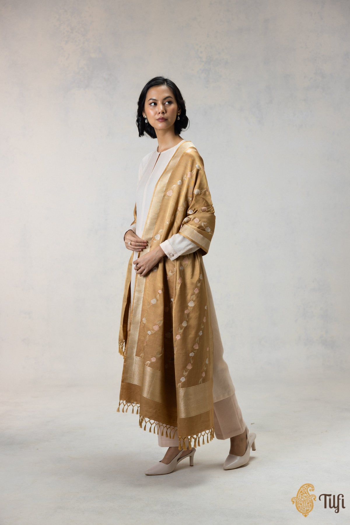 Light Brown Silk-Wool Banarasi Handloom Dupatta