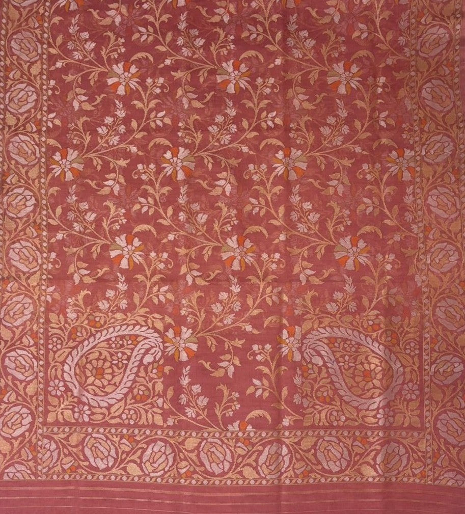 Old Rose Pink Pure Cotton Jamdani Real Zari Banarasi Handloom Saree