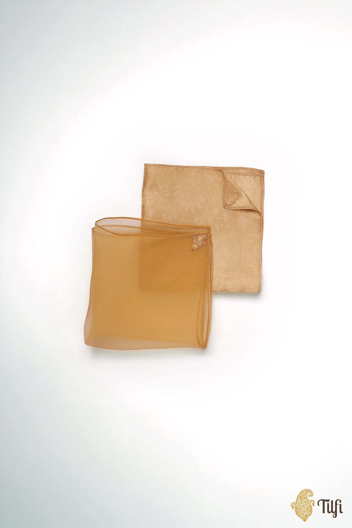 Beige Pure Satin Silk Tanchoi Handwoven Pocket Square Set