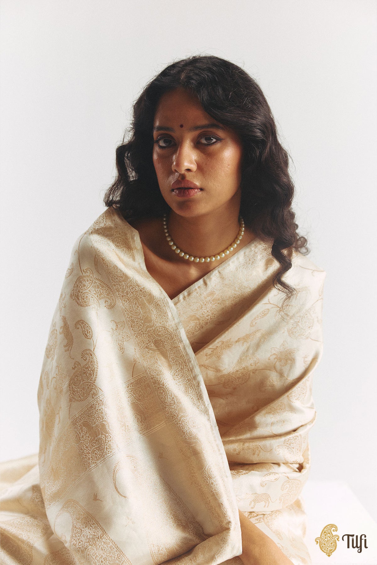 'Aranyika' Off-White Pure Katan Silk Banarasi Handloom Shikargah Saree