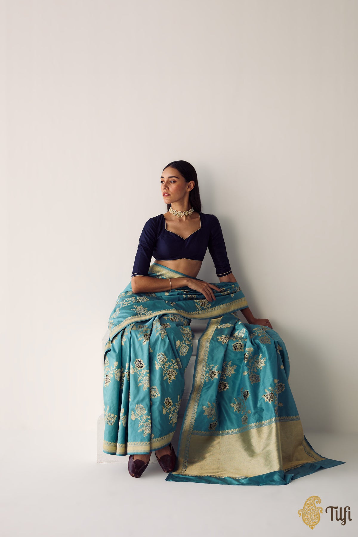 &#39;Zeenat&#39; Powder Blue Pure Katan Silk Banarasi Handloom Saree