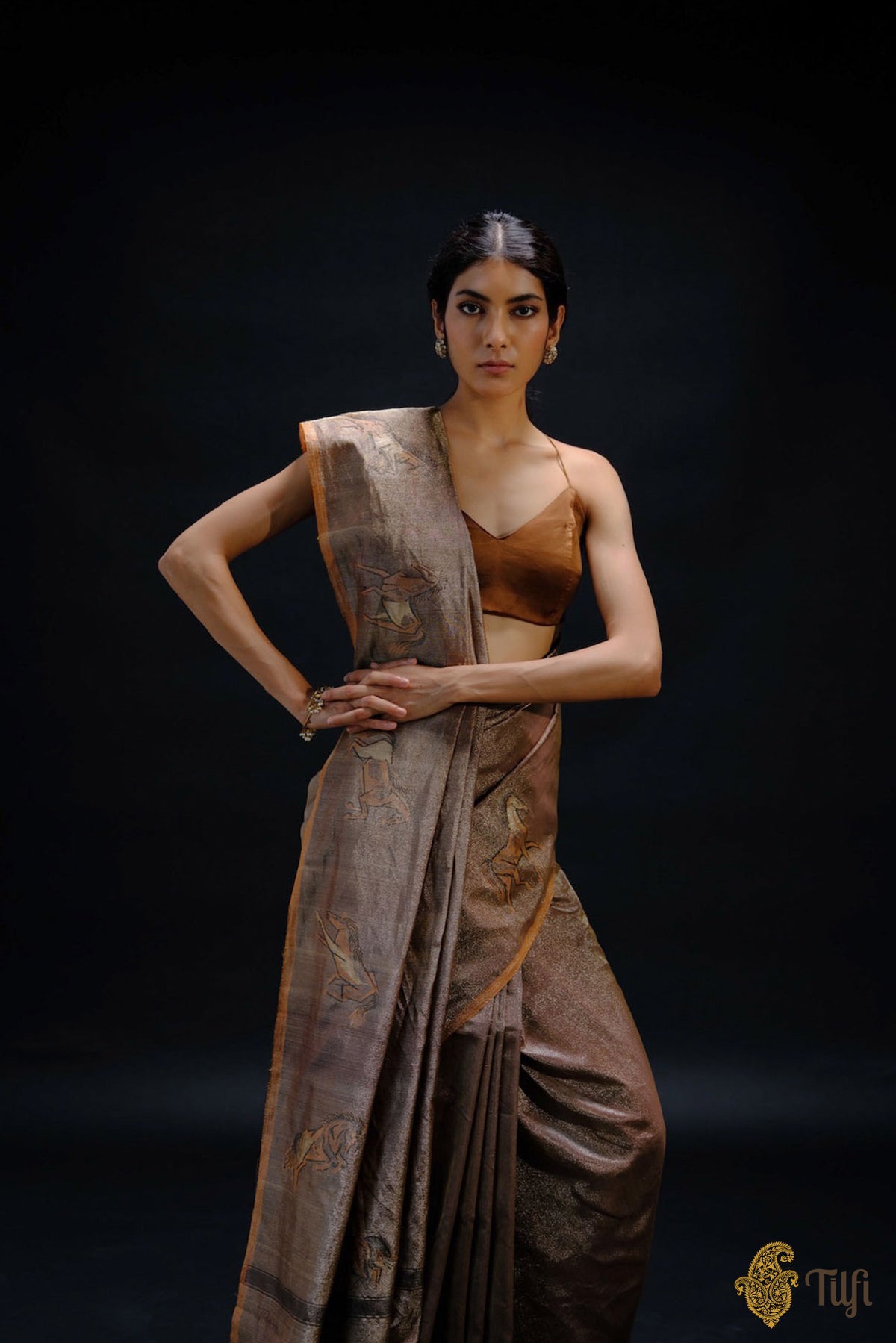 'Dashāshva' Brown-Gold Pure Katan Silk Tissue Dampach Saree