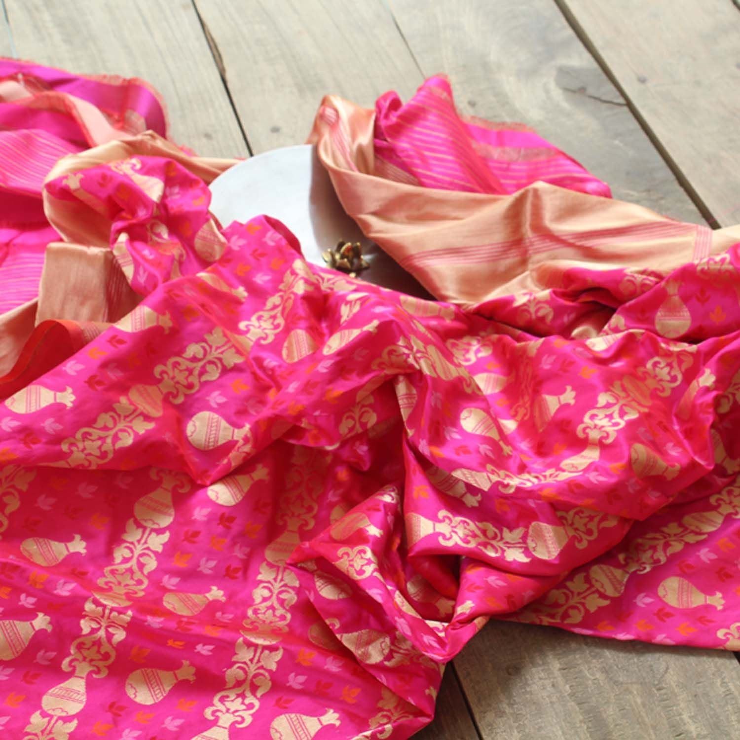 Orange Rose-Pink Pure Katan Silk Banarasi Handloom Dupatta - Tilfi