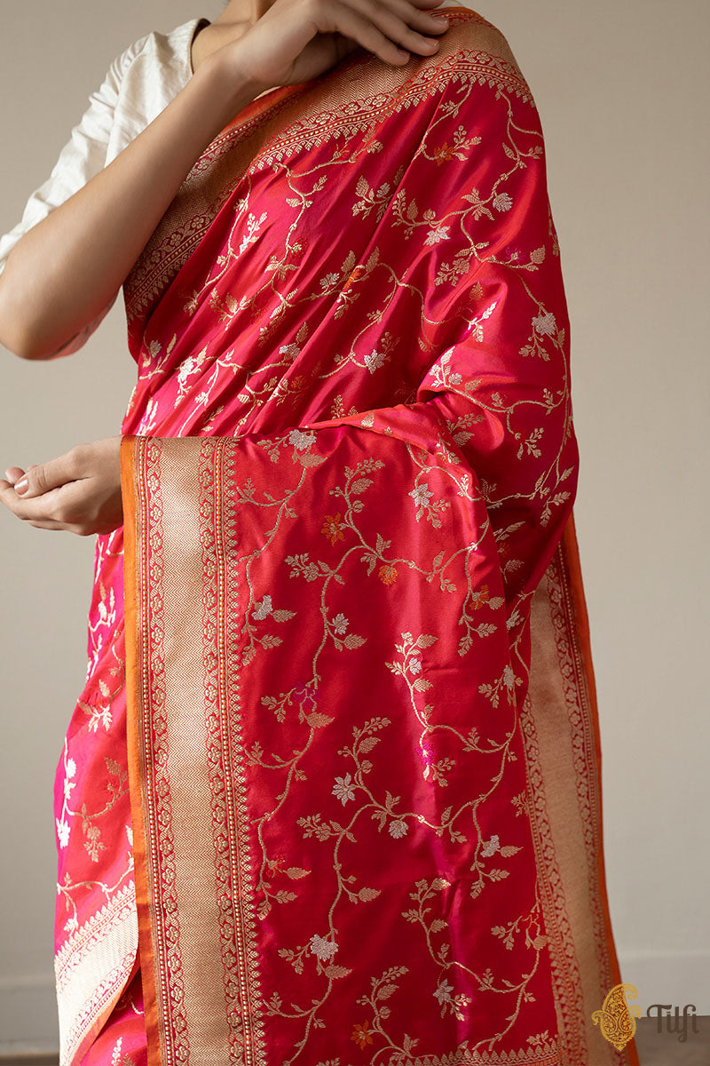 KJ0007-Red-Rani Pink Pure Katan Silk Banarasi Handloom Saree