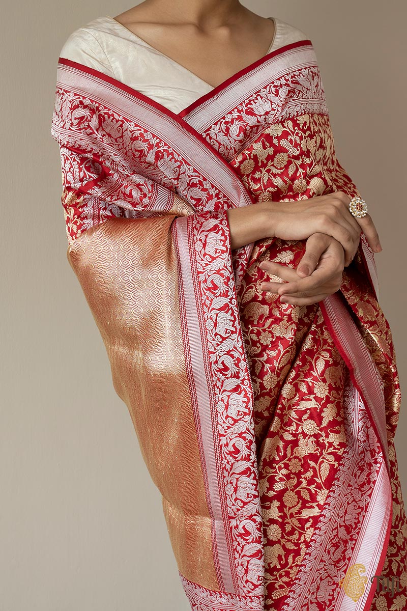 KJ0006- Red Pure Katan Silk Kadwa Roopa Sona Koniya Shikaargah Jangla Saree