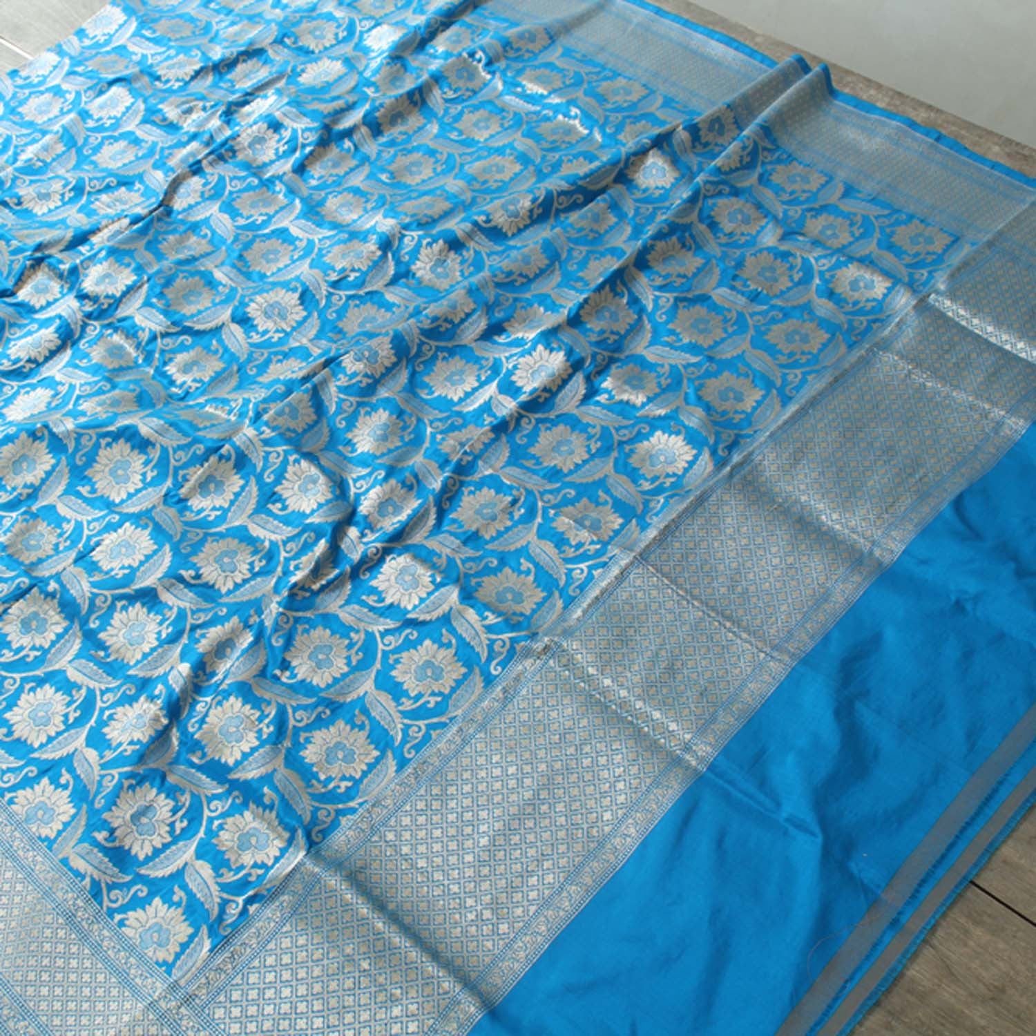 Turquoise Blue Pure Katan Silk Banarasi Handloom Dupatta - Tilfi - 1