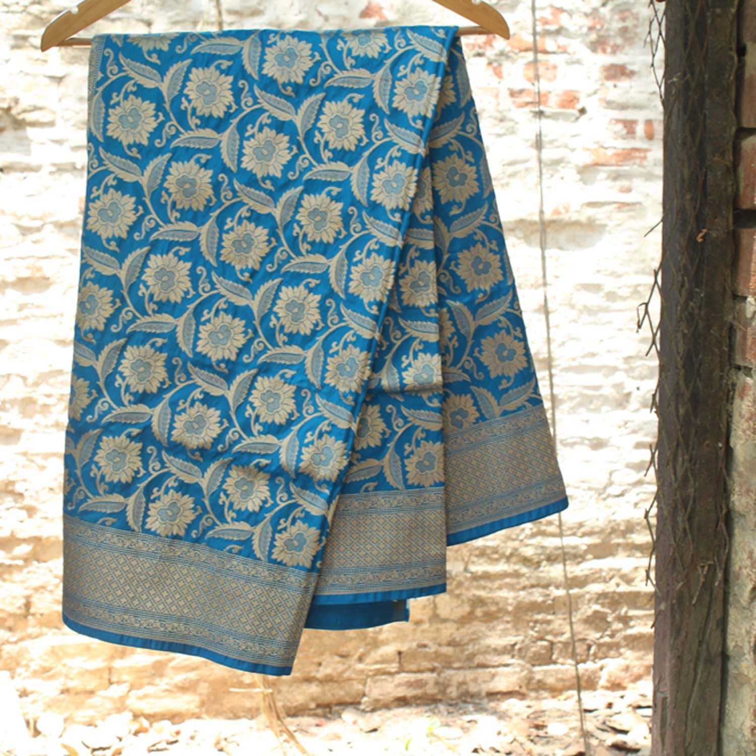 Turquoise Blue Pure Katan Silk Banarasi Handloom Dupatta - Tilfi - 1