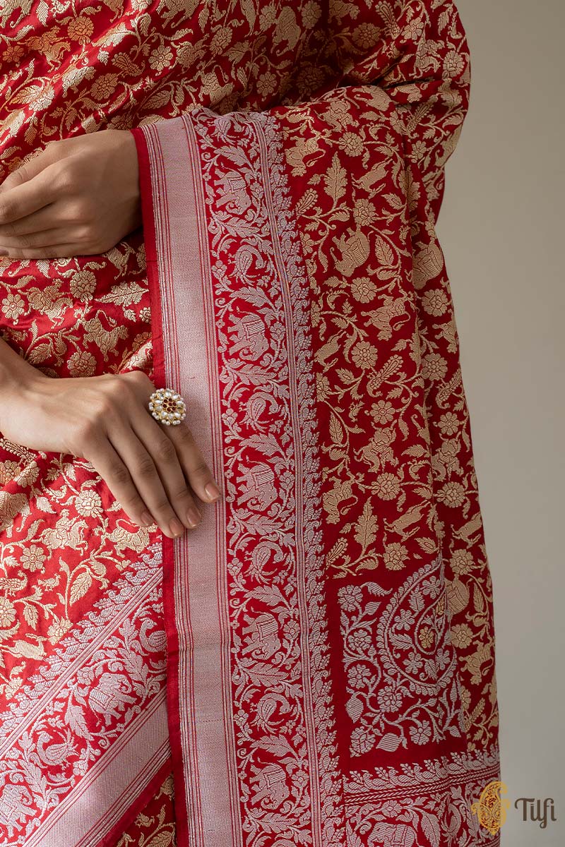 KJ0006- Red Pure Katan Silk Kadwa Roopa Sona Koniya Shikaargah Jangla Saree